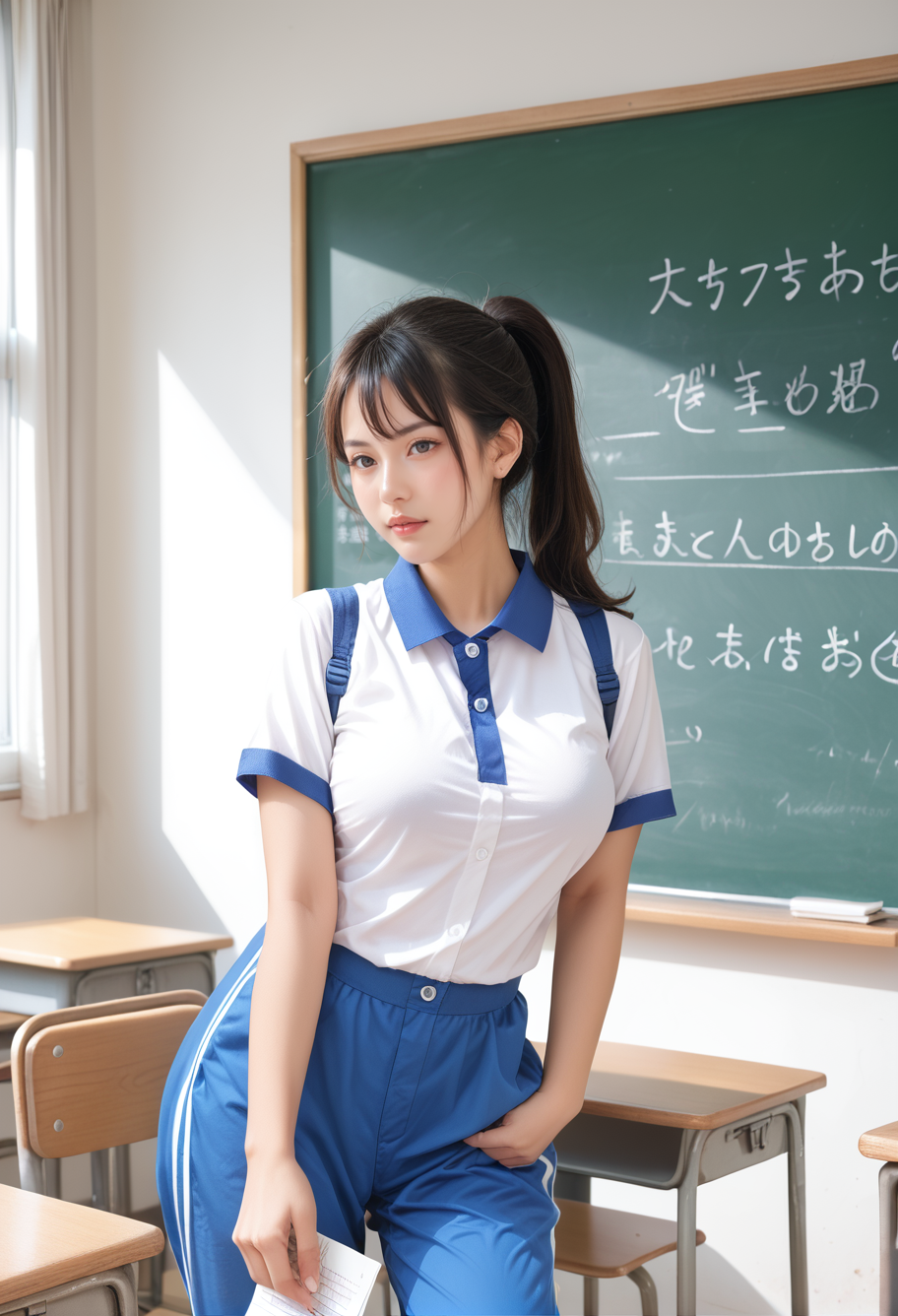 score_9,score_8_up,score_7_up,8k,,ruanyi0533,blue pants,short sleeves,striped,1girl,solo,classroom,chalkboard,high ponytail,large breasts,<lora:0533 Shen Jiayi_v1_pony:1>