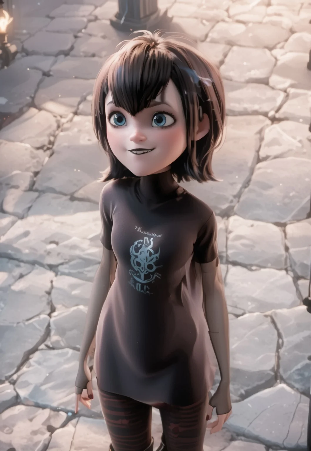 safe_pos, masterpiece, high quality, score_9, score_8_up, source_3D, blender,1girl, score_9, score_8_up, score_7_up, score_6_up, Mavis Dracula from hotel Transylvania, by herself, background Black Background, lighting from both sides of character, warm light, blurred background, clearly lit character, warm expressions, smiles, and smirk's. in Her original outfit, sexy poses, looking at viewer in a seductive manner, whole body, more mature adult