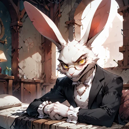 score_9, Score_8_up, Score_7_up, 6k, 8k, best quality, Furry, Anthro, seductive, furry, sexy male, (DMCRabi, White Rabbit, tall and slim, yellow eyes, crazy, bunny, wearing a black suit, white cravat, ruffled cuffs, glasses with round lenses, white gloves), inside an abandoned house, cracked walls, dusty floors, furniture covered in white sheets, Silent and haunting, , <lora:IncaseLycoXL:0.6> <lora:Expressive_H:0.5> <lora:g0th1cPXL:0.5> <lora:princess_xl_v2:0.6> <lora:DMCRabi:0.8> <lora:Fant5yP0ny:1>