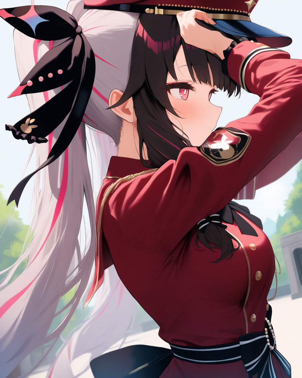 1girl,
YorumiRenaNijisanji,
YorumiRenaNijisanji2ndCostume,
sensitive, solo, perspective, dutch angle, from side, upper body,
two-tone hair, military hat, twintails,
beautiful eyes, adjusting hair,
military uniform, red jacket, double-breasted,
outdoors,
depth of field,
<lora:kp_YorumiRenaNijisanjiAnimagineXL_v1_1:1.0>
masterpiece, high score, great score, absurdres