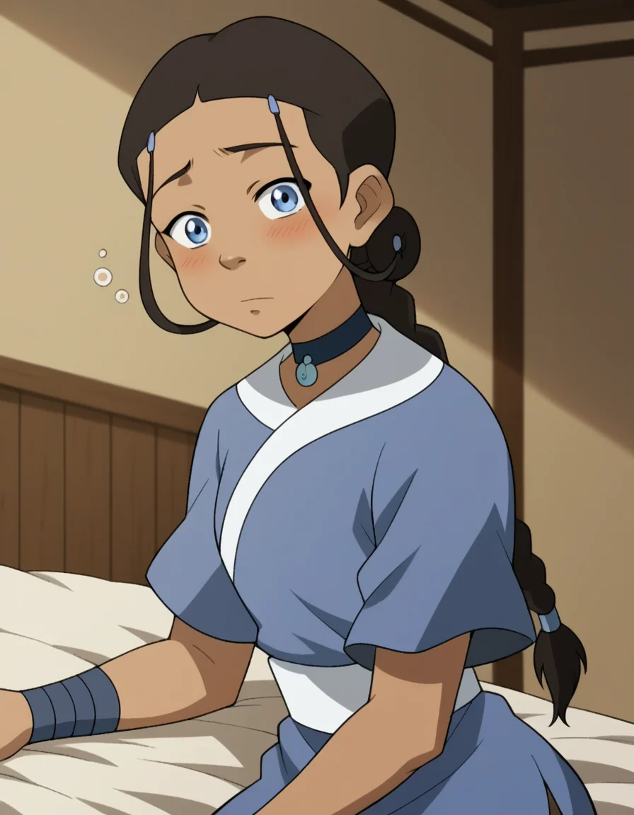 score_9, score_8_up, score_7_up, source_anime, <lora:katara-book2-ponyxl-lora-nochekaiser:1>, katara, long hair, blue eyes, brown hair, black hair, hair ornament, hairclip, braid, single braid, braided ponytail, dark skin, dark-skinned female, choker, short sleeves, robe, blue robe, sash,, indoors, bed, bed room, on side, blush, drunk, looking at viewer, solo, cowboy shot, dutch angle
