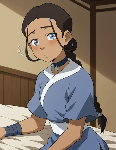 score_9, score_8_up, score_7_up, source_anime, <lora:katara-book2-ponyxl-lora-nochekaiser:1>, katara, long hair, blue eyes, brown hair, black hair, hair ornament, hairclip, braid, single braid, braided ponytail, dark skin, dark-skinned female, choker, short sleeves, robe, blue robe, sash,, indoors, bed, bed room, on side, blush, drunk, looking at viewer, solo, cowboy shot, dutch angle