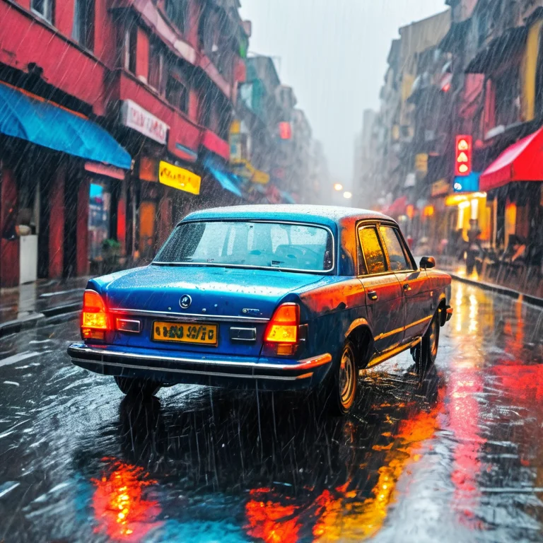 Car riding on wet street. Car driving on wet city street during a downpour stock photography
