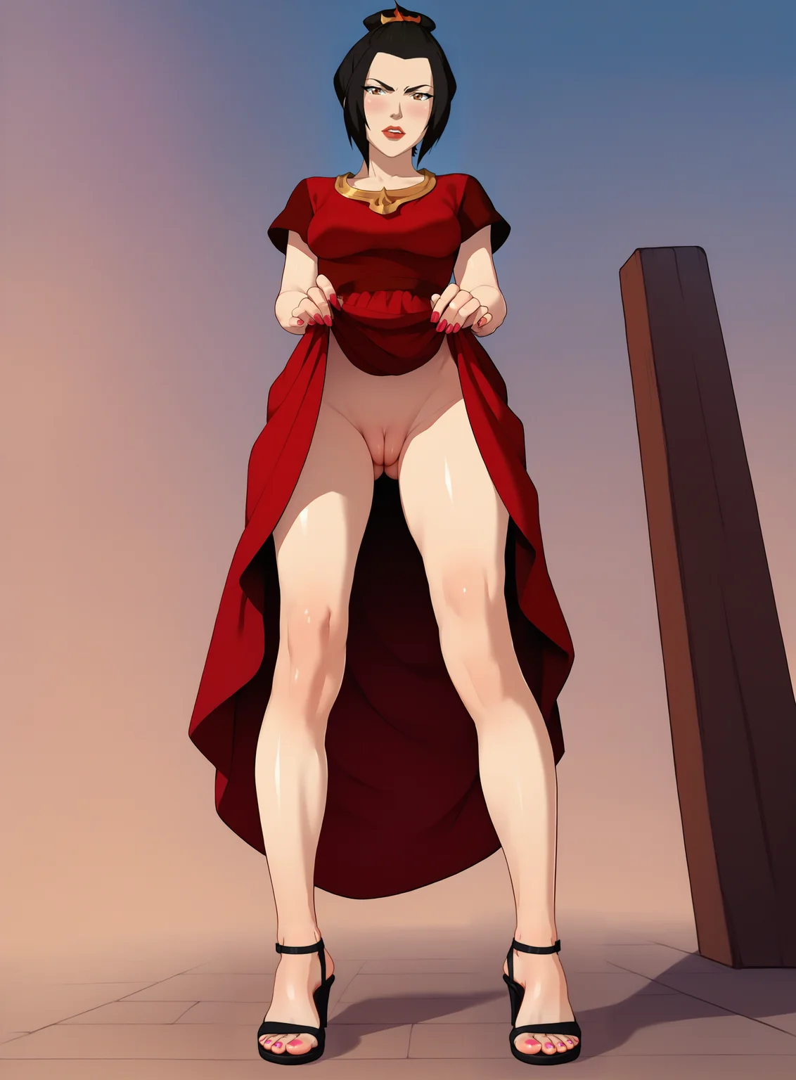 score_9, score_8_up, score_7_up, score_6_up, score_5_up, source_anime,1girl, solo, pussy, green_eyes, no_panties, dress, blush, black_high_heels, long_hair, nail_polish, uncensored, from_below, dark_hair, clothes_lift, silver_nails, looking_at_viewer, dress_lift, sandals, shoes, toenail_polish, toenails, cleft_of_venus, ponytail,azula,
<segment:yolo-face_yolov8n_v2.pt,0.6,0.5//cid=1> pretty face,azula
<segment:yolo-foot-yolov8l.pt,0.4,0.5//cid=2> close up of feet,silver_nails,