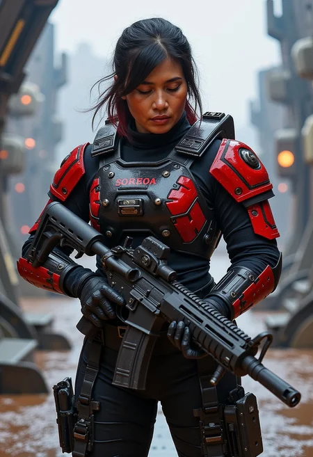 lyda, masterpiece, RPG Style, hyperrealistic oil painting, portrait of female space marine in black and red body armor, standing on deck of spaceship, holding an assault rifle with both hands, dark hair with red highlights, bangs, sidelocks, great lighting, rule of thirds, cambodian