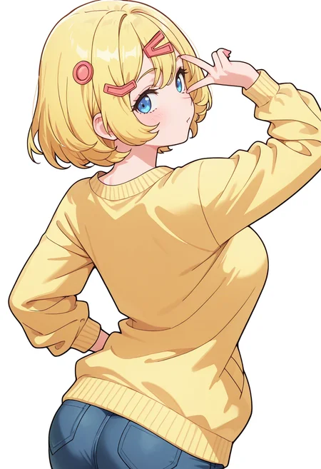 Smooth Quality,masterpiece,very intricate, high quality details, ultra realistic, high detailed skin,detailed enviorement,absurdres,
v over eye,solo,
<lora:Esyne_CNR:0.8> esyne_cnr, blue eyes, blonde hair, short hair,large breasts, hair ornament, hairclip,, simple background, white background, from behind,
walking pose, one hand in pocket, head slightly turned, casual stride,,, uwu,