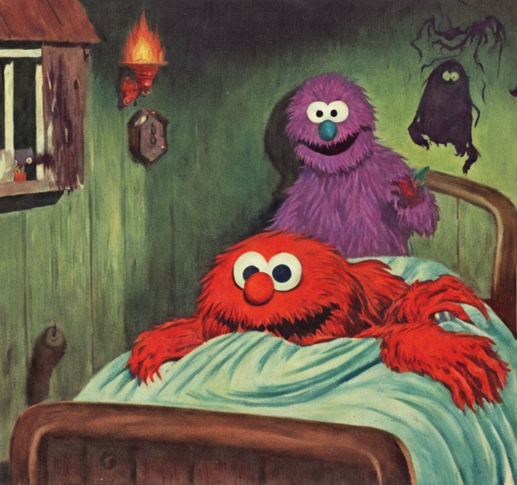 A horror illustration of a Nightmare in Elmo's street   VintageMagStyle <lora:SDXL-VintageMagStyle-Lora:1>