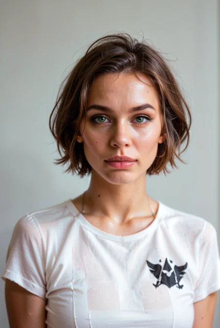 score_9, score_8_up, score_7_up, score_6_up, BREAK, RAW, photo, 8k, very sharp, source_photo, source_real,
woman, plain background, looking at viewer, front view, green eyes, brown hair, short hair, tshirt, portrait,
<lora:MJ52:0.4> <lora:CinematicStyle_v1:0.4> <lora:officialpit_style_v11:0.3>