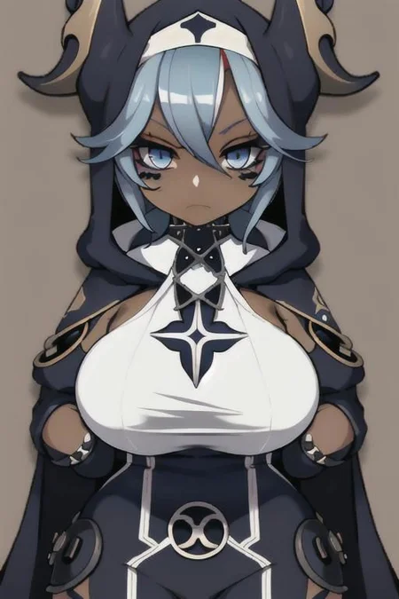 Devil, horns, body mods, chibi, huge breasts, thick thighs, muscular, ((dark tan skin)), white hair, ((navy hair streaks)), short spiky scene hair, slanted blue eyes,blue tribal cloud tattoos, non human, monster girl, bad ass, ((nun)), huge fluffy white scarf, (( hooded jumpsuit)), ((steampunk)), ((y2k aesthetic)), black, white, navy, light blue, 3d render, chibi, ((Kaeya Alberich inspired outfit)), poofy hair, eyeliner, emo, emo makeup, goth, wrench_genshin_style, chara-sheet