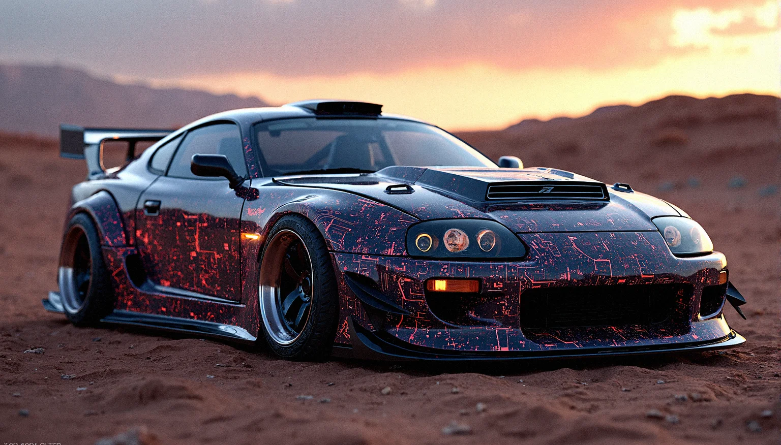 A detailed, photorealistic image of a 1993 Toyota Supra with a wide body kit, extreme front hood design, and glowing circuitry body paint. The glowing alloy rims and sporty glowing spoiler add to its futuristic look. The car is set against a desert landscape at dusk, with the setting sun reflecting off the polished bodywork.
Laser headlights with a sharp, intense beam that cuts through the darkness.
Bioluminescent glow paint that changes intensity based on the surrounding light level.
Ghost lighting effect that projects shadows and shapes onto the ground as the car moves.
Toyota Supra bodyworks include Heat-extracting hood louvers for improved engine cooling, Integrated LED side markers in the wide body fenders, Functional roof scoop for improved cooling and aerodynamics, Aggressive front canards for improved downforce and cornering stability, Rear brake cooling ducts integrated into the rear fenders