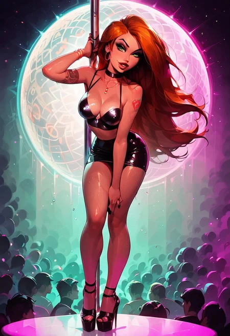 score_9, score_8_up, score_7_up, score_6_up, 1woman, Kim possible, long hair, orange hair, high heels, disco club top, disco club skirt, solo, make up, smokey black eyeshadow, long eyelashes, eyeliner, full lips, perfect face, perfect eyes, sexy, sexy girl, beautiful eyes, petite body, medium breasts, seductive, lust, sexy, dynamic angle, yakuza arm tattoo, perfect hands, seductive smile, shiny skin, wet skin, pole dancing, disco club, disco lights, leaning forward