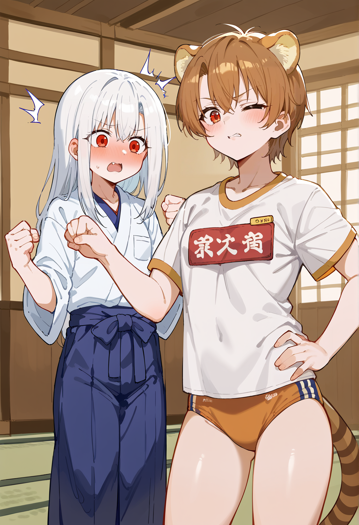 2girls, indoors, dojo, standing, 1girl, white hair, red eyes, long hair, surprised, blush. clenched hand, japanese clothes, miko, blue hakama <lora:Illya_IQ2:1>
BREAK
2girls, indoors, dojo, standing, 1girl, short hair, brown hair, brown eyes, animal ears, tiger tail, white t-shirt, name tag, buruma, hand in own hip, pouty lips, wink  <lora:taiga_fate_xl:1>, score_9, score_8_up, score_7_up, score_6_up, score_5_up, score_4_up, BREAK source_anime, masterpiece
