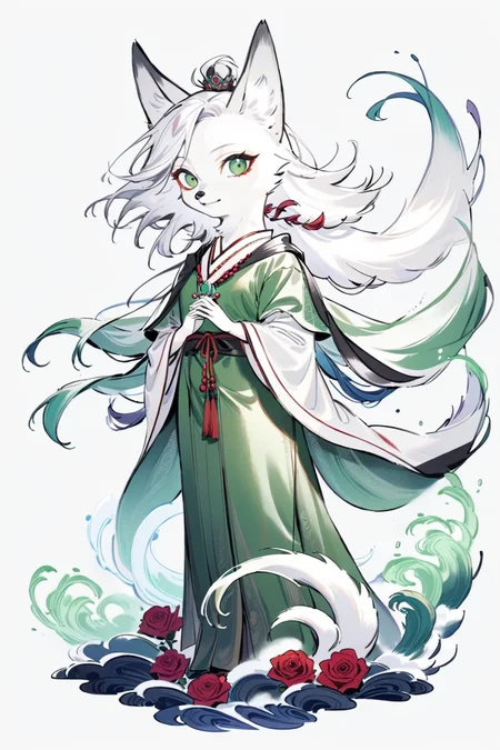 (((masterpiece))),(((best quality))),((ultra-detailed)), ani,no hunmans,
A white fox, draped in a verdant green silk cloak and adorned with a deep red agate necklace, gracefully floats above the emerald waves, its eyes shimmering with the light of wisdom. Its snow-white fur is adorned with red roses, as if ablaze with jade-like green flames. The gentle breeze brushes against its fur, delicately lifting its cloak as if dancing to its prayers. Its presence is like a magical hymn, bestowing wisdom and enlightenment upon all beings around.,
white background, full body,Role concept design, <lora:InkAni-000016:0.8>