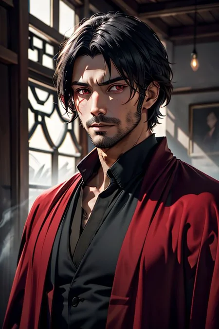 Master piece, highest quality, highest possible OverallDetail, semirealistic, red eyes,
Create an elder of a demonic sect.
The character looks like he is in his late twenties or early thirties. He is handsome.
He has black shoulder-length shaggy hair.
His outer robe is black and the inner robe is dark red.
His eyes are dark red. Detailed face. Red robe.
He meditates in nature.
perfecteyes eyes