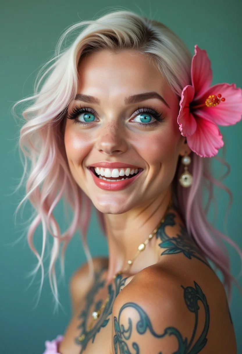 Hyperrealism, full body Portrait of a unique female character. Long-shot. She has large turquoise eyes filled with joy and excitement, extravagant eyelashes, masterpiece of photography and digital art. Style: realistic hyper-detailed rendering, 32k UHD, expressive eyes, Platinum hair, graphic design, pink hibiscus tattoo, pretty and cute, lips, white skin. Exuding confidence and serenity. Vibrant colored tattoos