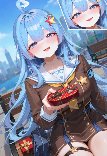 <lora:HandFixer_pdxl_Incrs_v1:1>, <lora:ê·¸ë¦¼ë³´ì  ìì ê¸°:0.5>,  <lora:ê·¸ë¦¼ë³´ì  ponyv6_noobV1_2_adamW-000017:1>, <lora:add-detail-xl:1.5>, <lora:NOOB_EPSv1_1_detailer_by_vlnvk_v1_0:1.5>, <lora:ê·¸ë¦¼ë³´ì  ìì¸íë:1>, <lora:ratatatat74_XL_v2:0.8>, <lora:748cmSDXL:0.6>, masterpiece, best quality, amazing quality, distinct, super_detail, very aesthetic, absurdres, highly detailed, Illustration, score_9, score_8_up, score_7_up, score_6_up, 1girl, solo, 
floating hair, skinny:1.3, brown dress, dress, long sleeves, white sailor collar, yellow neckerchief, box, (foreshortening, incoming gift:1.3), heart-shaped box, sitting, (smile, blush:1.3), valentine, looking at viewer, school uniform, gift, open mouth, holding, box of chocolates, bag, holding box, holding gift, outdoors, gift box, giving, school bag, building, bench, city, dutch angle, blurry, blurry background, day, thighs, cityscape, (dynamic pose, dynamic angle:1.3), (face focus, gift close-up, cowboy shot:1.5), 
<lora:ìºë¦­í°_ëë°ë¤:1>, blue_eyes, blue_hair, large_breasts, long_hair, very_long_hair, ahoge, hair_ornament, thigh_strap, garter_straps, star_hair_ornament, star_(symbol), striped,