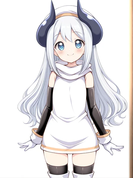 <lora:f_daiou:1> f_daiou <lora:dual_horn:1> dual horn, white long hair, blue eyes, black thighhighs, detached sleeves, white gloves,white boots,tube dress,best best quality, masterpiece, smile,cowboy shot, indoor