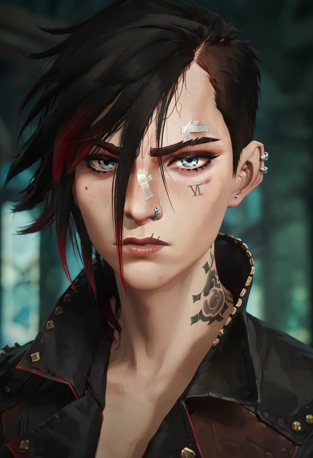 score_9, score_8_up, score_7_up,
 <lora:Arcane:1> arc4n3,
1girl, solo, nose piercing, vi, (league of legends), piercing, portrait, blurry background, looking at viewer, short hair, hair between eyes, closed mouth, black hair, undercut, red hair, sidecut, tattoo, blue eyes, jewelry, jacket, ear piercing, asymmetrical hair, eyebrow cut, facial tattoo