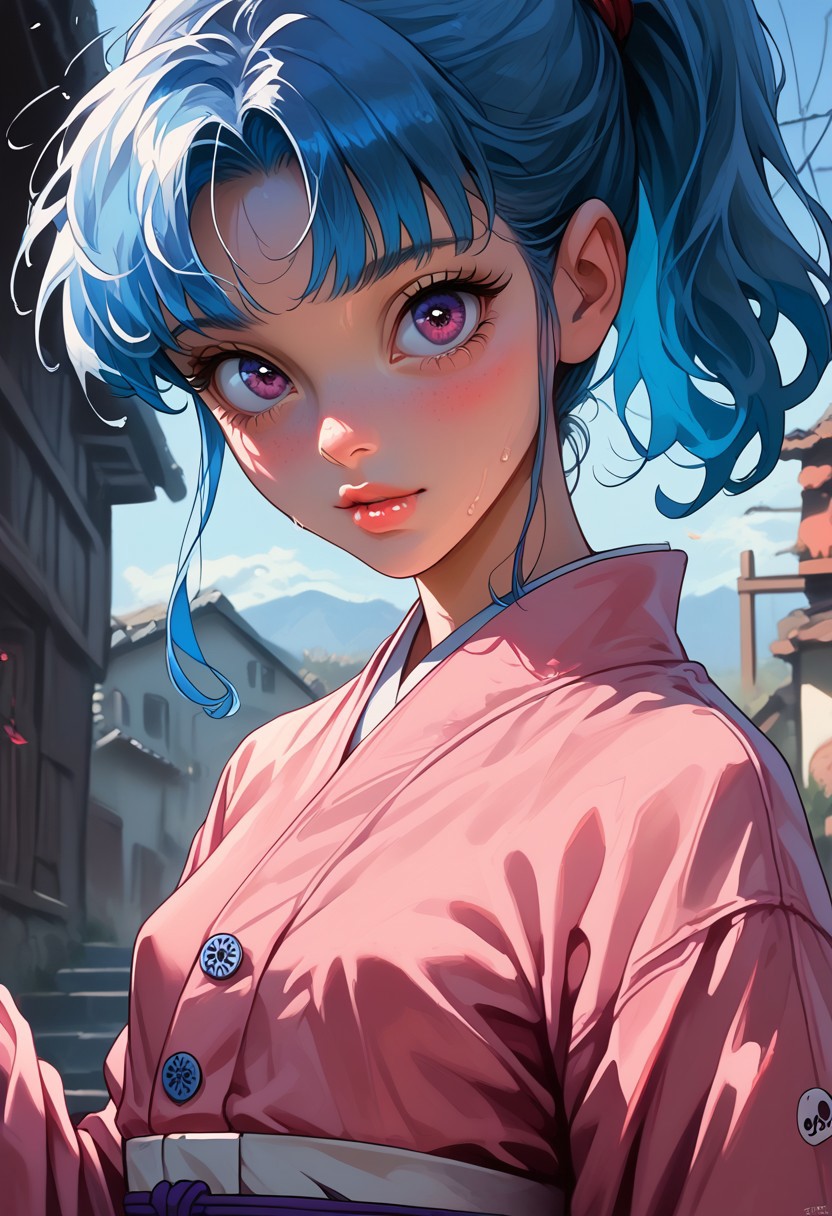 score_9, score_8_up, score_7_up, score_6_up, rating_explicit, realistic, solo focus, a woman, perfect cute face, natural breasts, looking at viewer,
nat, thick lips,  1girl, solo, breasts, ,upper view , , solo, add detailed eyes,portrait , cold soft lighting, well-lit, shiny skin, perfect thin waist, perfect round ass, perfect reflection, perfect lighting, perfect shadows, source_anime, cute 18 year old girl, big eyes, looking at viewer, small breasts, (, BTN, ponytail, blue hair, purple eyes, pink kimono, white sash, long sleeves, wide sleeves, red ribbon, looking at viewer, front view, outdoors), parted lip, view from side, eye level, cowboy shot, Fixhand.