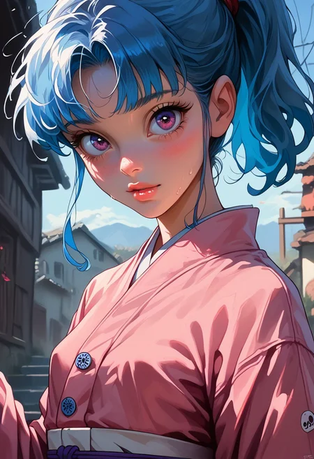 score_9, score_8_up, score_7_up, score_6_up, rating_explicit, realistic, solo focus, a woman, perfect cute face, natural breasts, looking at viewer,
nat, thick lips, 1girl, solo, breasts, ,upper view , , solo, add detailed eyes,portrait , cold soft lighting, well-lit, shiny skin, perfect thin waist, perfect round ass, perfect reflection, perfect lighting, perfect shadows, source_anime, cute 18 year old girl, big eyes, looking at viewer, small breasts, (, BTN, ponytail, blue hair, purple eyes, pink kimono, white sash, long sleeves, wide sleeves, red ribbon, looking at viewer, front view, outdoors), parted lip, view from side, eye level, cowboy shot, Fixhand.