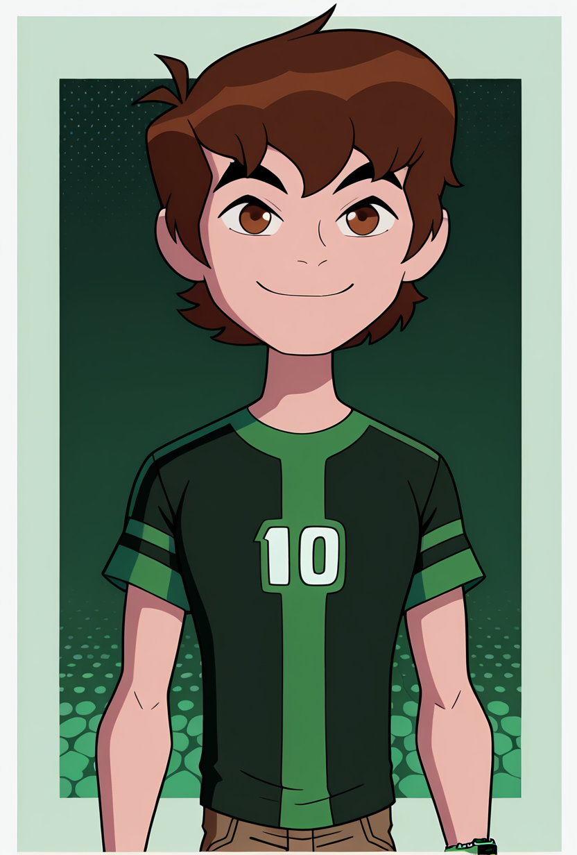 <lora:benov-07:1> benov, short hair, brown hair, 1boy, solo, black green shirt, brown cargo pants, green strips , short sleeves, thick eyebrows, square smart watch, looking at viewer, smile, dark green background,, masterpiece, best quality, amazing quality, very aesthetic, absurdres, newest,, upper body, halftone effect, white borders, abstract background:1.2,