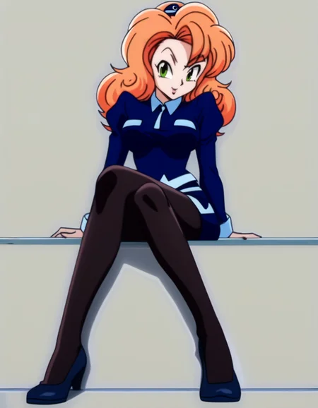 <lora:Coco Loo:1>, coco loo, SOLO, sitting, , blue uniform, black tights, legs crossed, simple background