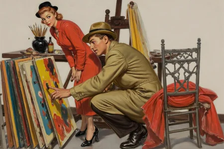 walterbaumhofer1 painting.
walterbaumhofer1 painting. walterbaumhofer1 painting. In the center, a young man in a light-colored coat and hat crouches and points at a painting on an easel. Behind him on the left, stands woman in a red dress and black hat, leaning forward to look at the artwork. Behind her, a black vase filled with brushes sits on a table, along with a bottle of what appears to be alcohol. A chair with a red cloth draped over it is positioned to the right.  <lora:walterbaumhofer1_cap_d8a4e12:1.0><lora:849117047953598495:0>