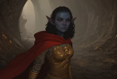 safe_pos, solo, short pointy ears, piercings, nord woman, random elf face, aquiline features, dark elf, weathered skin, large nose, animated realism, zoomed out, Syrian features, torso, subterranean, glowing mushrooms, mushroom forest, cave enviroment, large cavern, gloomy lighting, ancient ruins, interior, dark soil floor ,grey-blue skin, scarlet and gold clothes, medium armor, bone plate armor, ivory straps and fittings, grey wood neckguard, dark red sclera, black pupils, distant mushroom forest, blue-green light, neon, highly detailed, defined features, looking at viewer, three quarters view, from above, dynamic lighting, 36 years old, light and shadows, patterned cloth, annoyed expression, expressive eyes, detailed medieval clothes, medium_breasts, medium hair, wavy hair, thick hair, beaded hair, braided hair, under cut hair, semirealistic, alien elf, spanish features, jewish features, black hair, dark red hair, umber skin, sharp features, red persian print cloak, nighttime, high detail, absurdres, pretty eyes, detailed eyes, yellow eyes,
