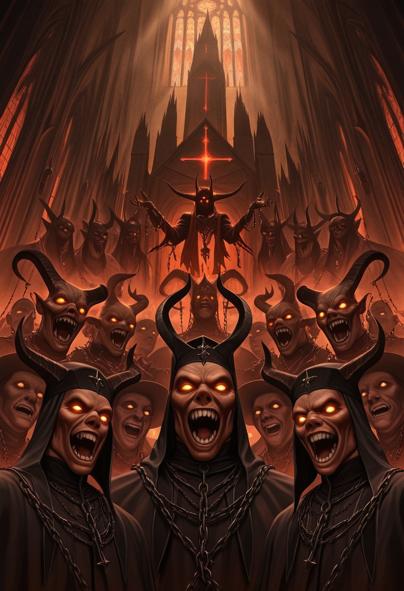 AMAZING QUALITY, MASTERPIECE, CARNEVIL, CHURCH, HAT, TEETH, 6+BOYS, HORNS, CHAINS, GLOWING EYES, DEVILS