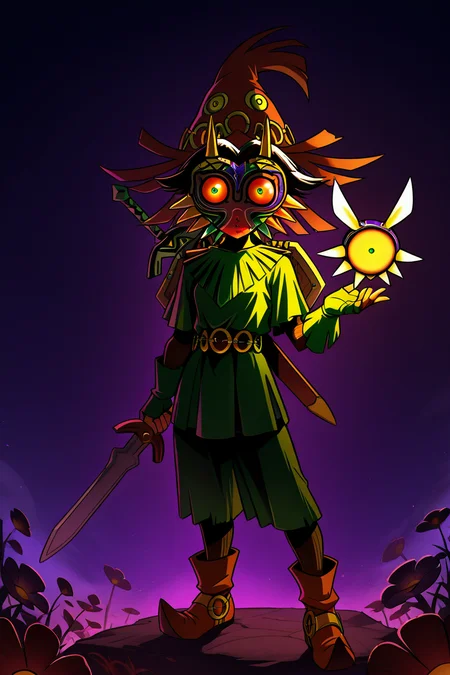 masterpiece, best quality, zzMajora,  temmie chang, majora (entity), tatl, temmie chang (character), the legend of zelda: majora's mask, highres, 1girl, black hair, cosplay, fingerless gloves, flower, gloves, hat, holding, link (cosplay), looking at viewer, mask, red eyes, shield, solo, standing, sword, weapon, weapon on back,   ,<lora:MajoraZeldaIXL_v2:1.0>,