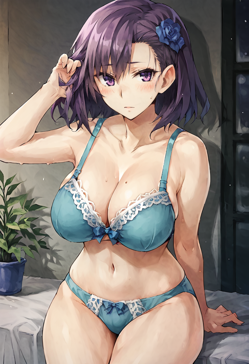 score_9, score_7_up,  1girl, 
solo, huge breasts, wide hips, thick thighs, purple hair, blue panties, hair flower, lace-trimmed panties, panties, cleavage, collarbone, thighs, looking at viewer, blush, bra, bow, hand in own hair, cowboy shot, adjusting hair, purple eyes, blue bow, underwear, bow panties, hair ornament, lace-trimmed bra, blue bra, breasts, flower, stomach, lace trim, medium hair, lace
 <lora:Konoe-Otsugu-Style-PonyXL-GLoRA-000046:1>