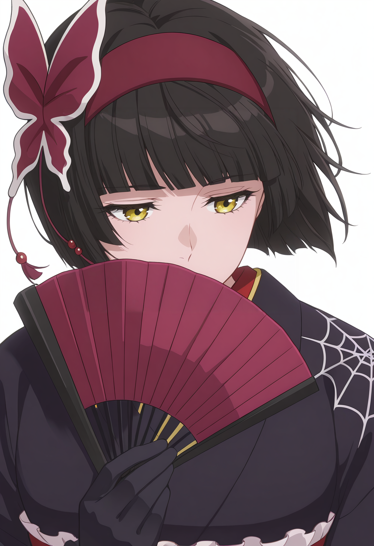 Smooth Quality,masterpiece, ultra realistic,
simple background, white background, 
front view,pensive,wind, 
 <lora:MioCnn:0.8> Mio/Cnn, 1girl, short hair, bangs, japanese clothes, kimono, yellow eyes, hairband, blunt bangs, black gloves, black hair, spider web print,butterfly hair ornament,folding fan,