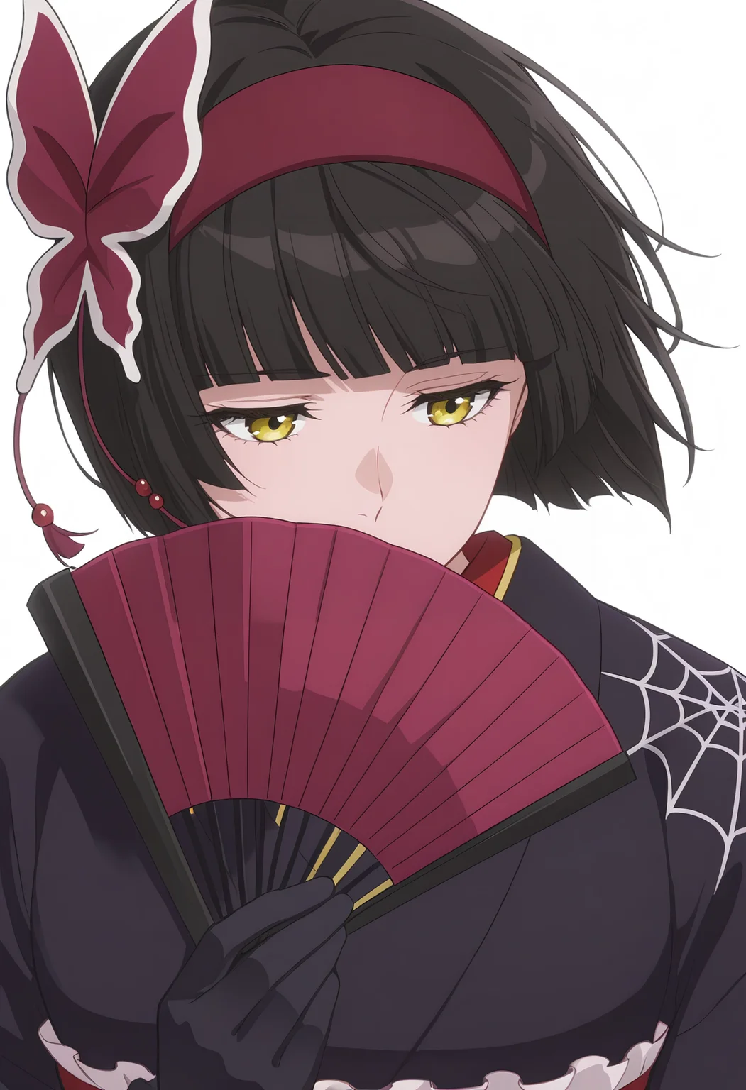 Smooth Quality,masterpiece, ultra realistic,
simple background, white background,
front view,pensive,wind,
<lora:MioCnn:0.8> Mio/Cnn, 1girl, short hair, bangs, japanese clothes, kimono, yellow eyes, hairband, blunt bangs, black gloves, black hair, spider web print,butterfly hair ornament,folding fan,