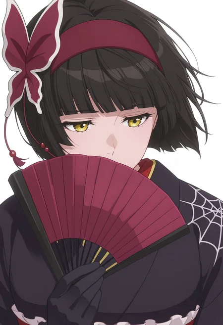 Smooth Quality,masterpiece, ultra realistic,
simple background, white background,
front view,pensive,wind,
<lora:MioCnn:0.8> Mio/Cnn, 1girl, short hair, bangs, japanese clothes, kimono, yellow eyes, hairband, blunt bangs, black gloves, black hair, spider web print,butterfly hair ornament,folding fan,
