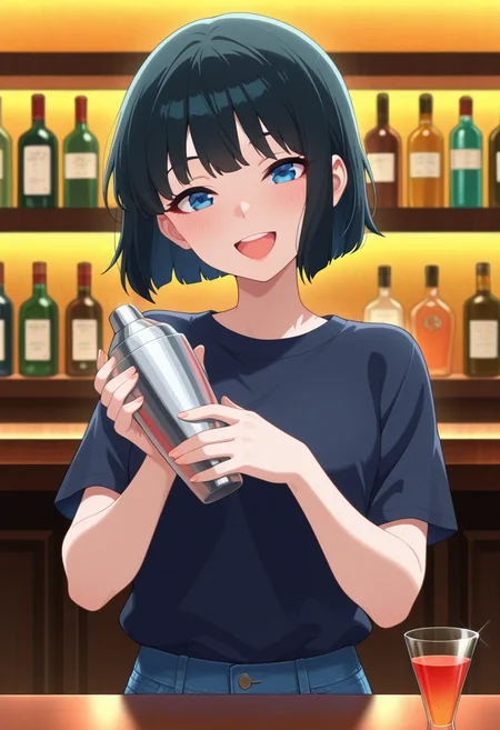 masterpiece, best quality, amazing quality, absurdres, 1girl, solo, sonokoww, blue eyes, black hair, short hair, bob cut, t-shirt, jeans, <lora:Kagetsu_Sonoko_Me_and_the_Alien_MuMu_ill:0.8>, cocktail glass, cocktail shaker, hands up, holding, smile, teeth, upper teeth only, open mouth, :d, looking at viewer, upper body, pov counter view, indoors, bar \(place\), bartender, bottle, cup, drinking glass, shelf, counter, skindentation, detailed clothing folds, depth of field, sharp, high contrast, dynamic light