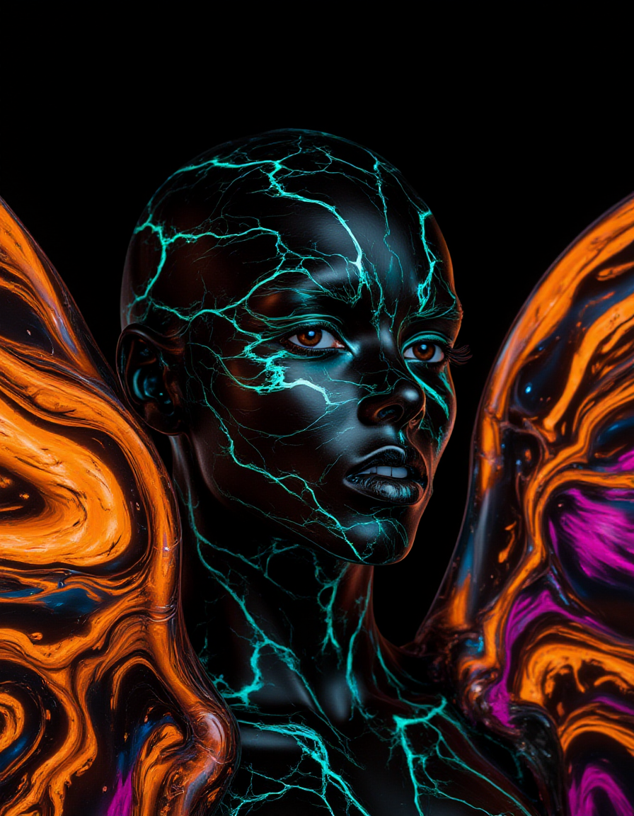 A high-concept closeup where the model wears an avant-garde veil crafted from flowing, liquid marble wings. The wings extend outward, glowing with vibrant neon hues of electric orange, cyan, and magenta, their glossy textures shifting like living fire. Her face is painted matte black with glowing turquoise veins that trace across her skin like circuitry, connecting her to the veil. Her lips shimmer with holographic gloss, while faint neon tendrils of light seem to emanate from the wings, blending with the deep black background in dynamic, chaotic motion.
<lora:ral-lqdmrbls-flux_000004000:1>