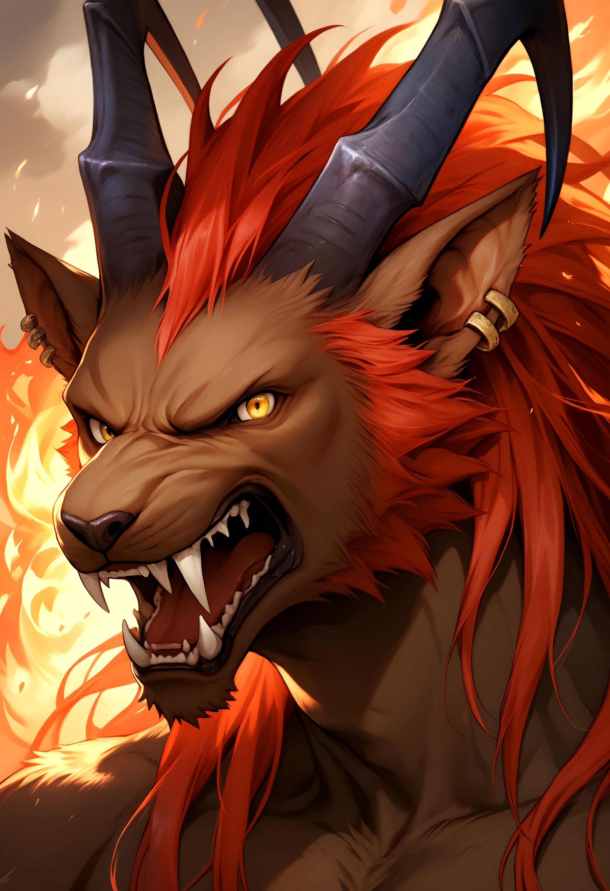score_9, score_8_up, score_7_up, 8k, detailed design, detailed background, detailed characters, masterpiece, anthro only, furry only, 1boy, solo,  <lora:IfritFF8-000003>, ifrit_(final_fantasy), dark skin, ear piercing, red hair, long hair, fangs, horns, yellow eyes, close up, angry, roaring,   outside, fire,