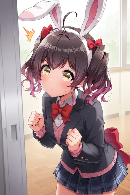 masterpiece, best quality, amazing quality,
<lora:Muni_IL:1> muni, 1girl, fake animal ears, animal ears, rabbit ears, solo, bow, skirt, gradient hair, multicolored hair, twintails, red bow, jacket, school uniform, pleated skirt, yoba school uniform,