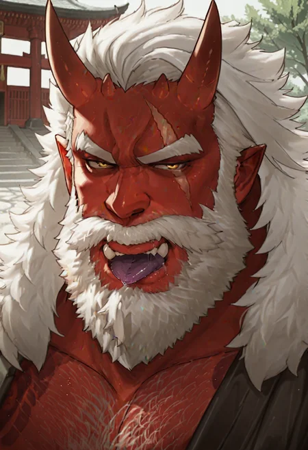 embedding:lazypos, masterpiece, newest, absurdres, rkfn_aodvr, 1boy, male focus, horns, beard, facial hair, red skin, oni, white hair, chest hair, old man, japanese clothes, depth_of_field, outdoors, temple, tree, tattoo, looking_at_viewer, cigarette, smoking, scar, open_mouth, tongue_out, purple_tongue, tusks, saliva, 