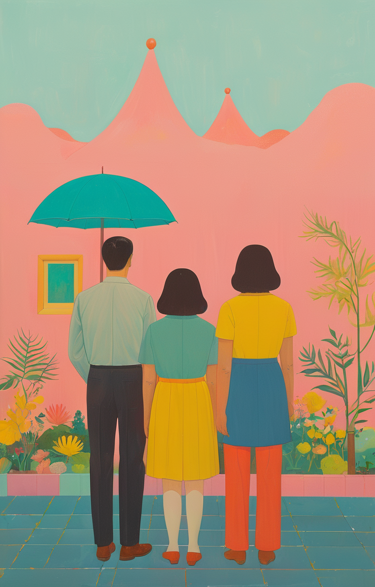 masterpiece,best quality,<lora:tbh289-sdxl:0.9>,illustration,style of Joan Cornella portrait of family