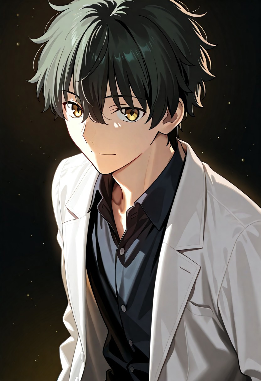 ((masterpiece, best quality, amazing quality, very aesthetic, absurdres)), 
Takeuchi takashi, ((solo)), ((detailed eyes)), calm, smile, closed mouth, 1boy, solo, peaceful, closed mouth,(((oreki_houtarou))), ((((black hair, black hair), (yellow eyes)))), ((short hair, hair between eyes)), ((white labcoat, open labcoat, black shirt, collared shirt, black slacks))), no background, dark background, cowboy shot, dark background, portrait, looking at viewer