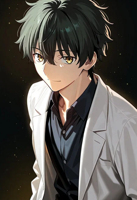 ((masterpiece, best quality, amazing quality, very aesthetic, absurdres)), 
Takeuchi takashi, ((solo)), ((detailed eyes)), calm, smile, closed mouth, 1boy, solo, peaceful, closed mouth,(((oreki_houtarou))), ((((black hair, black hair), (yellow eyes)))), ((short hair, hair between eyes)), ((white labcoat, open labcoat, black shirt, collared shirt, black slacks))), no background, dark background, cowboy shot, dark background, portrait, looking at viewer