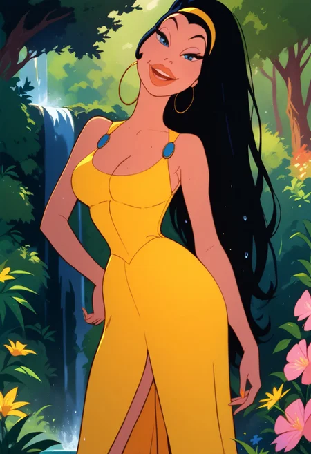 score_9, score_8_up, score_7_up, score_6_up, score_5_up, score_4_up, high_priestess, 1girl, solo, black hair, long hair, ponytail, yellow hairband, yellow dress, cleavage, large breasts, hoop earrings, smile, open mouth, view from front, athletic, skinny, wet, facing viewer, seductive look, arched back, standing, standing in a waterfall, pinup pose, official art, masterpiece, source_painted_concept_art
BREAK