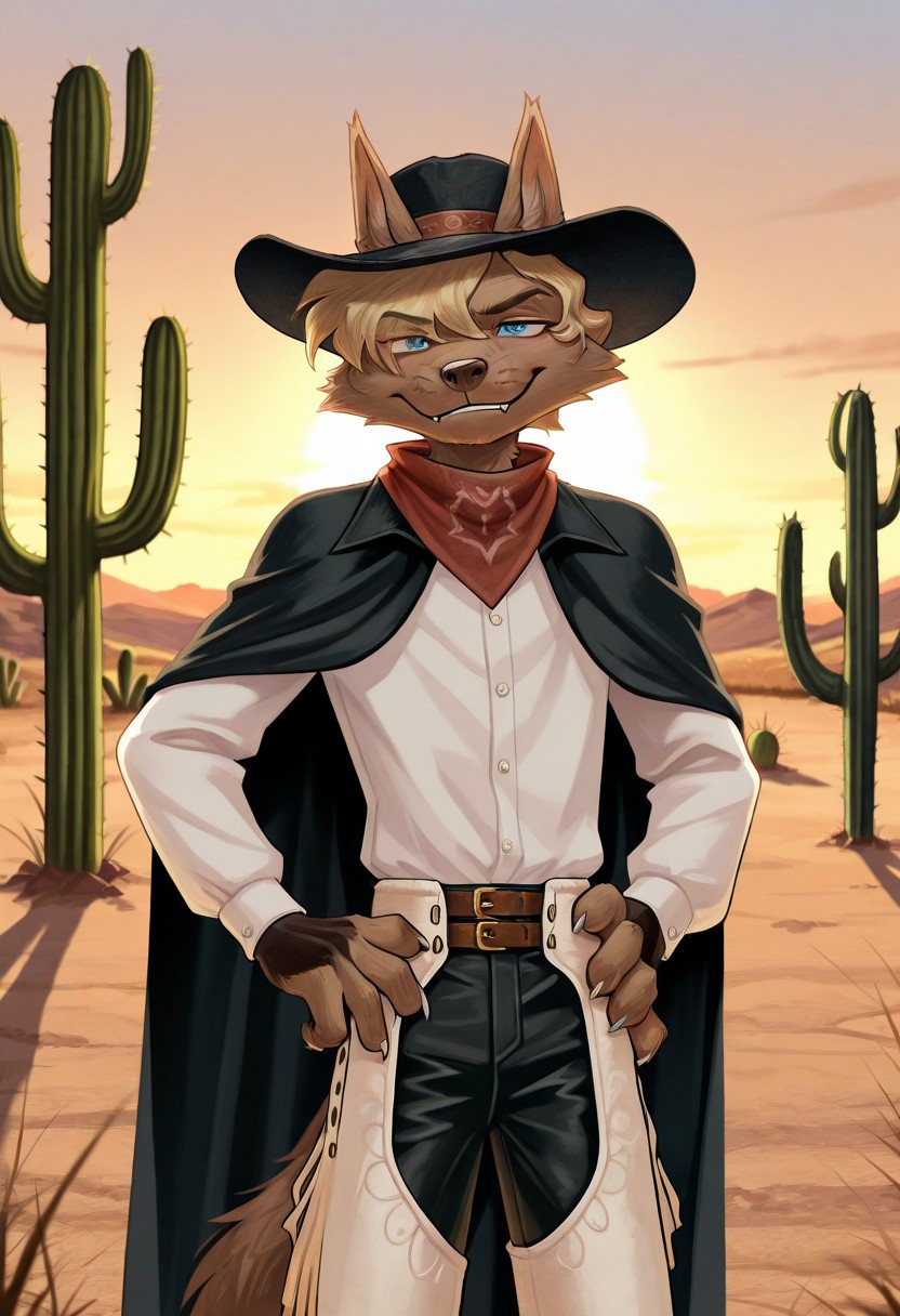detailed background, detailed fur, cowboy shot, solo, 1boy, mid adult,  ProfessorGaon, wolf, blue eyes, smirk, head movement, western scenery, western background, outdoors, cactus, hand behind head, hand on hip, sunset, detailed scenery, black cape, white dress shirt, black hat, white chaps, black pants, red bandana, masterpiece, best quality, amazing quality, absurdres, newest, high res, ultra detailed, best quality, best artwork, detailed eyes, (eyes focus), perfect eyes, big iris, pupils visible, 4k, ultra quality, perfect face