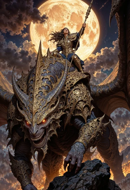 a female warrior in ornate golden armor riding a gigantic, dragon-like creature. The scene is set against a dramatic, cloudy night sky with a large, luminous full moon casting a mystical glow. The female warrior, with long flowing hair, holds a spear aloft, exuding a commanding presence. The creature, adorned with metallic armor, has glowing red eyes and sharp, menacing features. The landscape is rugged, with jagged rocks and a fiery horizon, enhancing the epic and otherworldly atmosphere. The overall composition is dynamic, with a strong contrast between the dark, shadowy foreground and the bright, celestial background.