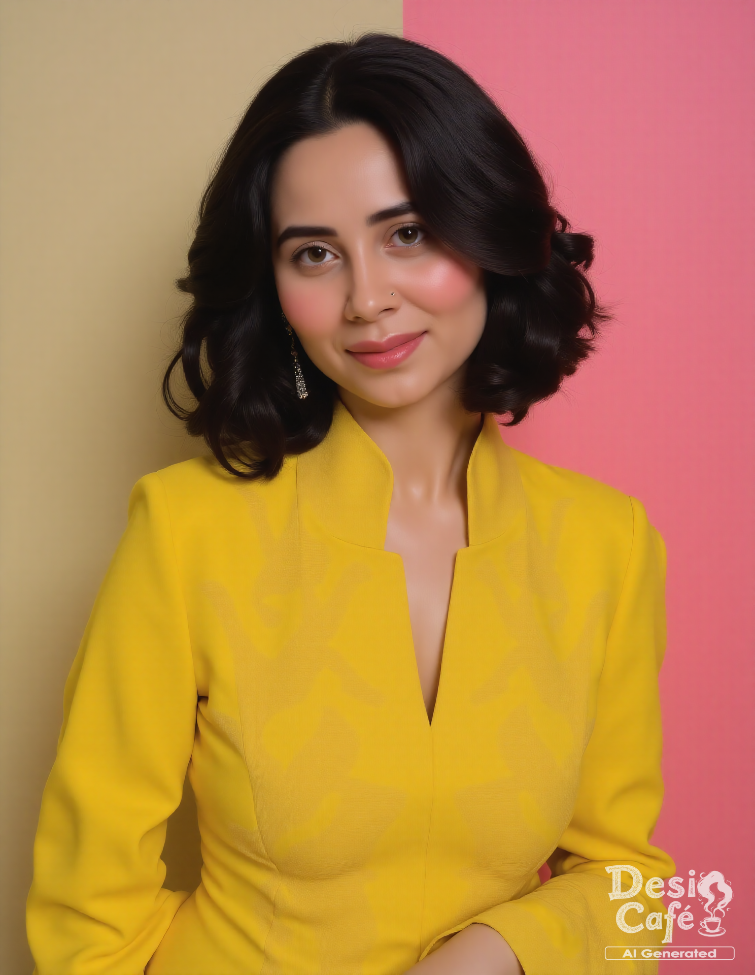 headshot photo of z4hr4h kh4n woman, hyper realistic photo that is safe for work,  studio quality image with natural colors, well dressed wearing intricate long sleeved Yellow Sharara Suit, hair styled as  bob,muted pastel shaded multicolored background that contrasts with the person, cinematic lighting,âââââ âââ <lora:z4hr4h_kh4n_Zahrah_Khan_Flux_Kohya_V1:1>âââ