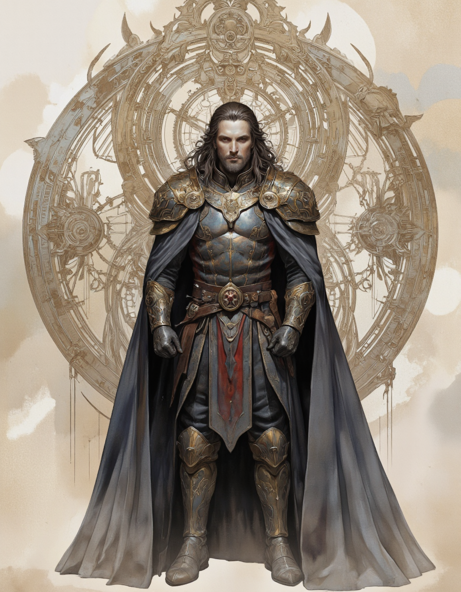Anime CRABDM style. A digital illustration shoot from a portrait camera angle about a muscular male character in ornate armor with a serious expression, standing confidently in the middle of the image. the image also shows intricate details and a grand, ornate design in the background. on the center of the frame, a muscular man with long, flowing hair and a beard, who appears to be in his mid-twenties, stands confidently with his hands in his pockets, looking directly at the viewer. he has a serious and determined expression on his face, and his eyes seem to be focused on something in the distance. the man is wearing a long, dark cloak with intricate gold and silver armor details, including shoulder armor, pauldrons, and a belt with a star-shaped buckle, which adds to his regal appearance. the background features a circular, abstract design with gears and other mechanical elements, giving the image a vintage feel, set against a beige, abstract background with a mix of light and dark tones, creating a sense of depth and texture.