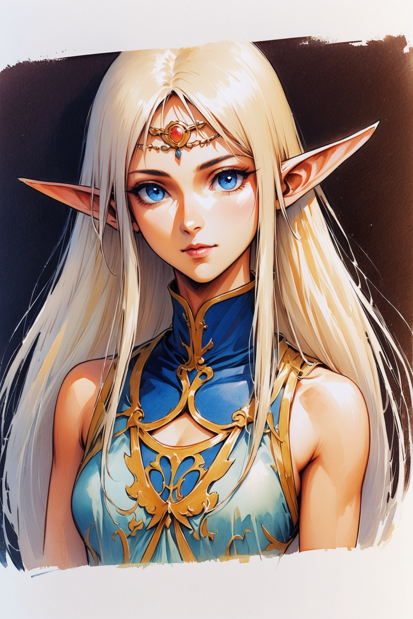 Yutaka Izubuchi Style,
Deedlit,1girl,pointy ears,solo,blonde hair,elf,blue eyes,long hair,breasts,looking at viewer,white background,circlet,upper body,simple background,medium breasts,dress,sleeveless,lips,bangs,blue dress,closed mouth,retro artstyle,traditional media,watercolor (medium),
<lora:super lora_flyx3_XL_V2:0.8>,