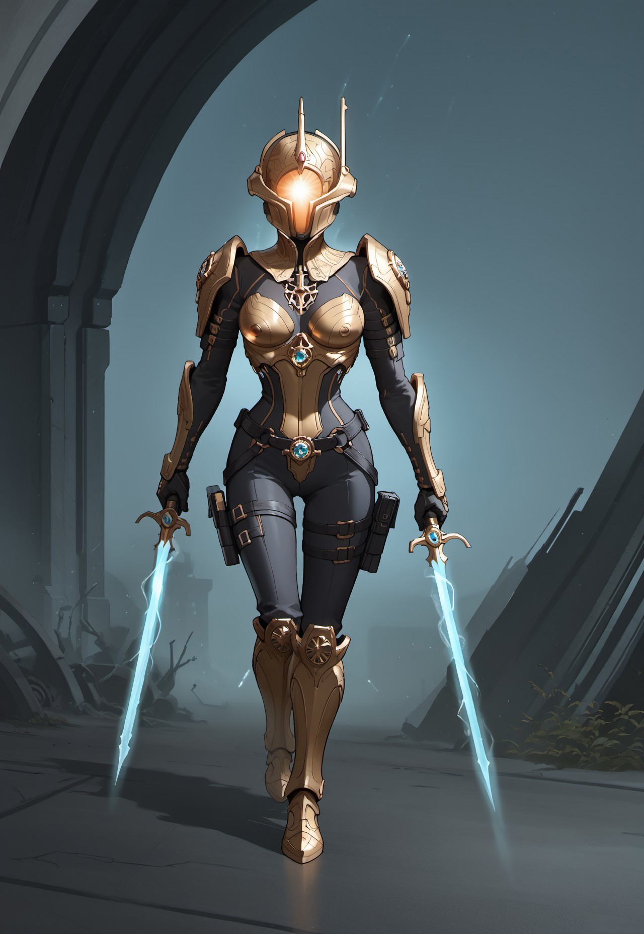 safe_pos, safe_pos, score_9, score_8_up, score_8,source_anime, A towering alien warrior stands in the shadows, exuding an aura of raw power and deadly precision. Its biomechanical armor, sleek yet menacing, is adorned with glowing energy veins pulsing in an eerie neon hue. Its elongated helmet, featuring a sharp, intricate design, conceals a face unknown to mortals, while its piercing, luminescent eyes glow like twin burning stars. Arcane symbols and battle scars are etched into its armor, telling tales of countless battles across galaxies. In its hands, it wields a high-tech, futuristic weapon—an elegant yet brutal fusion of energy and steel, humming with lethal potential. The environment around it is a dystopian battlefield, littered with remnants of fallen foes and illuminated by flickering alien glyphs. Swirling mist and electric storms crackle in the distance, framing the warrior in a scene of pure chaos and dominance. It stands motionless yet poised, a silent harbinger of destruction, a legendary Warframe forged for war.detailed eyes,anime-style, ultra-detailed, vibrant colors, high-quality shading, semi-realistic lighting,solo focus, european style, Expressiveh,easynegative