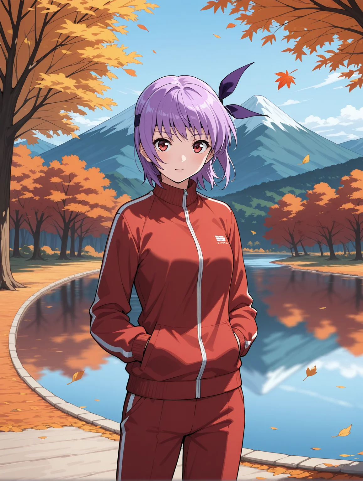 <lora:ayane-illustrious-000004:1> ayane, track suit,
1girl, hands in pocket, outdoors, autumn, lake, tree, mountain, falling leaves, wind
masterpiece, best quality